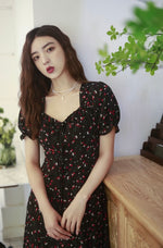 Load image into Gallery viewer, Floral Cutout Back Puff Sleeve Dress in Black
