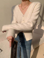Load image into Gallery viewer, Wool Blend Fluffy Split Hem Cardigan in White