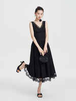 Load image into Gallery viewer, Lace Trim V-Back Dress in Black