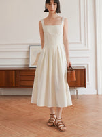 Load image into Gallery viewer, Square Neck Pleat Midi Dress in Cream