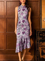 Load image into Gallery viewer, Floral Stretch Midi Cheongsam in Purple