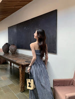 Load image into Gallery viewer, Checked Bustier Slit Maxi Dress in Black