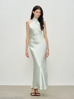 Load image into Gallery viewer, Satin Drop Back Tie Halter Dress in Green
