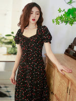 Load image into Gallery viewer, Floral Cutout Back Puff Sleeve Dress in Black