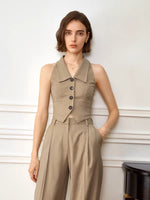 Load image into Gallery viewer, Striped Collar Button Vest in Khaki