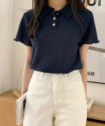 Load image into Gallery viewer, Korean Soft Waffle Polo Top in Navy