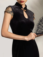 Load image into Gallery viewer, Mermaid Lace Detail Stretch Maxi Cheongsam in Black