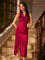 Load image into Gallery viewer, Contrast Midi Slit Cheongsam in Red