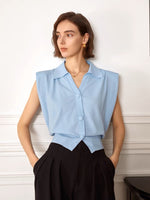 Load image into Gallery viewer, Light Knit Boxy Shoulder Button Top in Blue