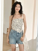 Load image into Gallery viewer, Ribbon Tie Back Printed Scarf Top in Cream