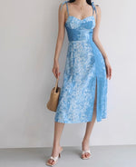 Load image into Gallery viewer, Alps Printed Slit Tie Strap Dress in Blue