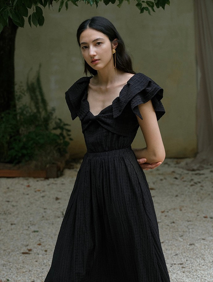 Textured Tier Sleeve Maxi Dress in Black