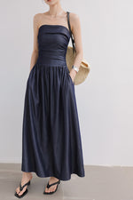 Load image into Gallery viewer, Chambray Bustier Maxi Dress in Navy