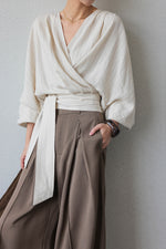 Load image into Gallery viewer, Striped Blouson Wrap Top in Cream