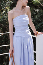 Load image into Gallery viewer, Linen Blend Gathered Bustier Top // Trousers // Maxi Skirt Set in Blue