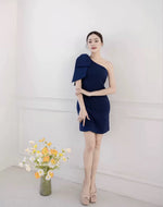 Load image into Gallery viewer, Padded Toga Bow Mini Dress in Blue- M