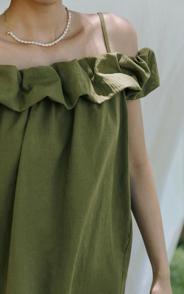 Crepe Ruffle Dress in Green