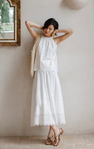 Eyelet Floral Midi Skirt in White