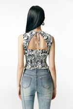 Load image into Gallery viewer, Etoile Printed Cutout Back Top in White/Blue
