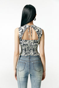 Etoile Printed Cutout Back Top in White/Blue