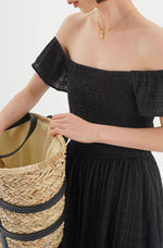 Load image into Gallery viewer, Off Shoulder Textured Pocked Maxi Dress in Black