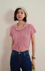 Load image into Gallery viewer, Knitted Polo Blouse in Pink