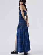 Load image into Gallery viewer, Checked Bustier Slit Dress in Blue- S