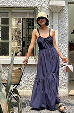Load image into Gallery viewer, Tencel Blend Criss Cross Back Tie Maxi Dress in Navy