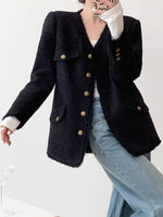 Load image into Gallery viewer, Long Tweed Button Jacket in Black