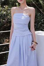 Load image into Gallery viewer, Linen Blend Gathered Bustier Top // Trousers // Maxi Skirt Set in Blue