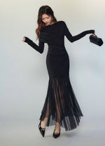 Load image into Gallery viewer, Asymmetric Tulle Panel Stretch Dress in Black