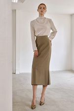 Load image into Gallery viewer, Korean Dio Tailored Midi Skirt in Greige