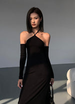 Load image into Gallery viewer, Drop Back Cutout Halter Dress + Sleeves in Black
