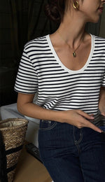 Load image into Gallery viewer, U-Neck Striped Tee in White/Brown