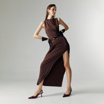 Load image into Gallery viewer, Evel Drape Stretch Dress in Brown