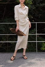 Load image into Gallery viewer, Satin Gathered Shirt Dress in Champagne