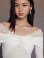 Load image into Gallery viewer, Off Shoulder Lace Trim Twist Top in White