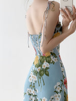 Load image into Gallery viewer, Floral Cami Tie Flute Hem Maxi Dress in Blue