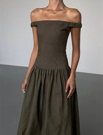 Load image into Gallery viewer, Off Shoulder Drop Waist Maxi Dress in Olive