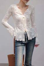 Load image into Gallery viewer, Floral Flute Sleeve Tie Top in White