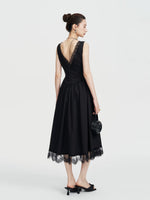 Load image into Gallery viewer, Lace Trim V-Back Dress in Black
