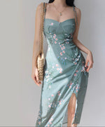 Load image into Gallery viewer, Otti Floral Wrap Tie Strap Slit Dress in Green