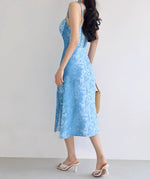 Load image into Gallery viewer, Alps Printed Slit Tie Strap Dress in Blue