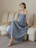 Load image into Gallery viewer, Chambray Gathered Bustier Top // Trousers // Maxi Skirt in Blue