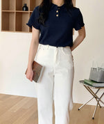 Load image into Gallery viewer, Korean Soft Waffle Polo Top in Navy