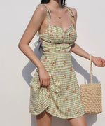 Load image into Gallery viewer, Vintage Check Floral Cami Tie Strap Mini Dress in Green