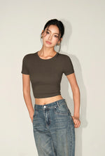 Load image into Gallery viewer, Padded Cutout Buckle Tee in Brown