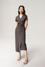 Load image into Gallery viewer, Collar Wrap Dress in Grey

