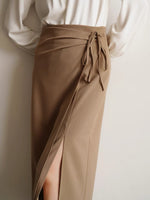 Load image into Gallery viewer, Midi Wrap Tie Slit Skirt in Tan