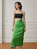 Load image into Gallery viewer, High Waist Gathered Satin Skirt in Green